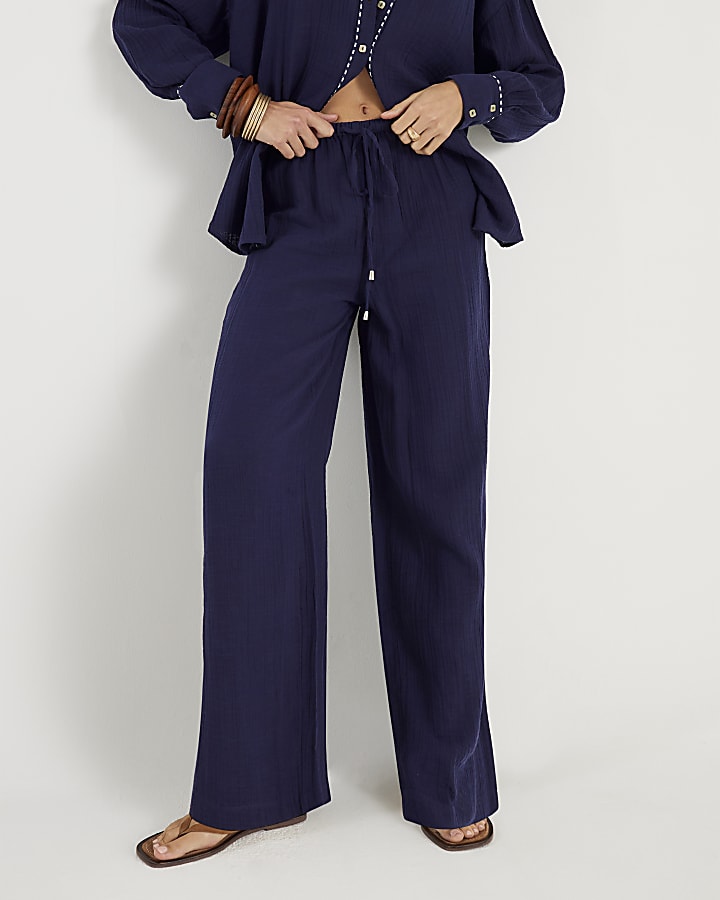 River Island Navy Crinkle Wide Leg Trousers