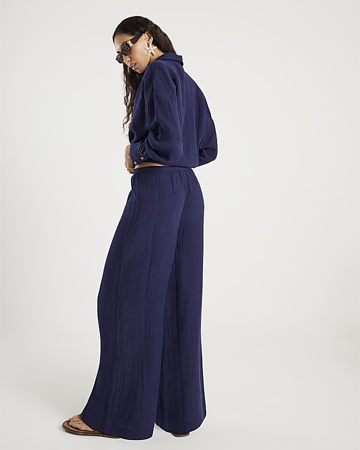 River Island Navy Crinkle Wide Leg Trousers