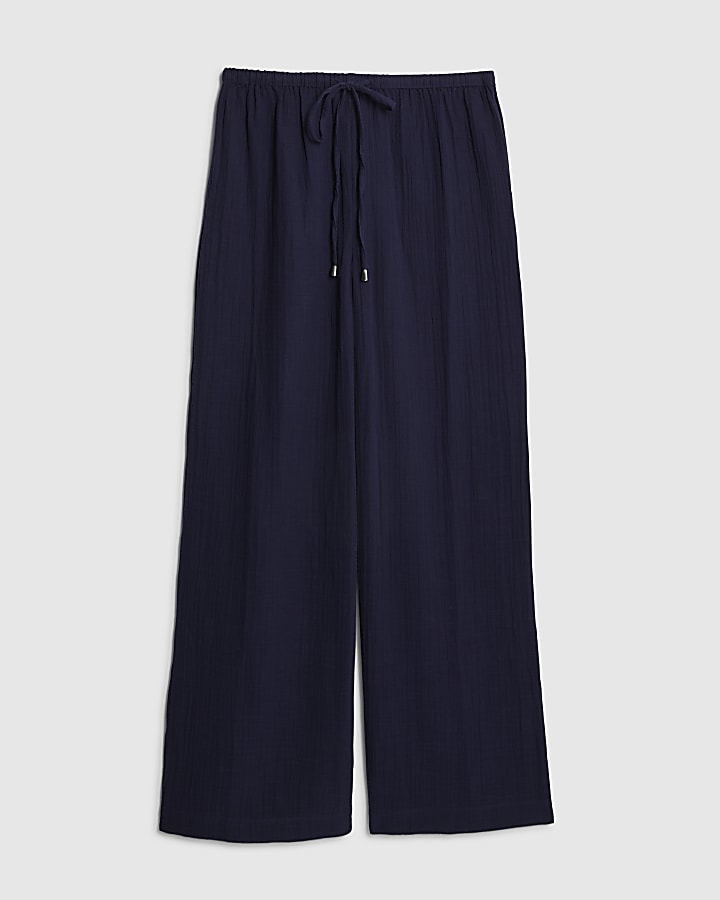 river island Navy Crinkle Wide Leg Trousers