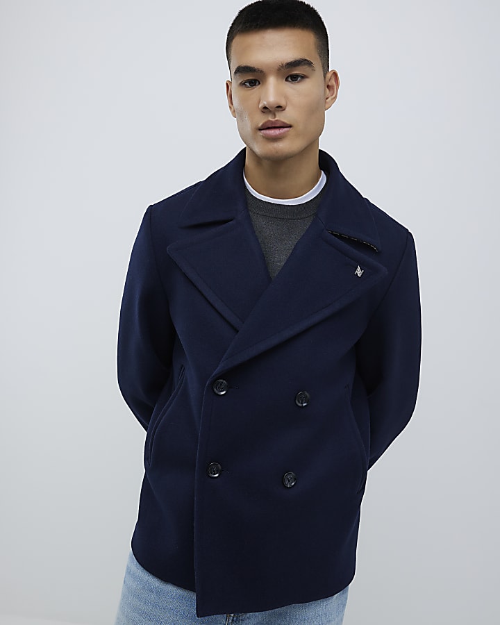 River Island Navy Double Breasted Peacoat