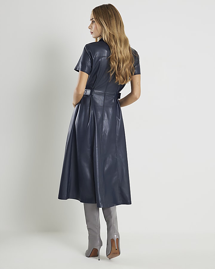 River Island Navy Faux Leather Midi Shirt Dress