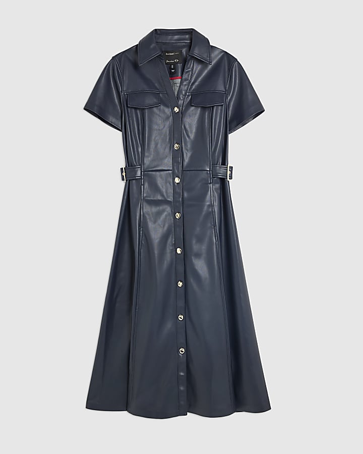 river island Navy Faux Leather Midi Shirt Dress