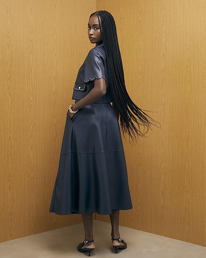 River Island Navy Faux Leather Midi Skirt