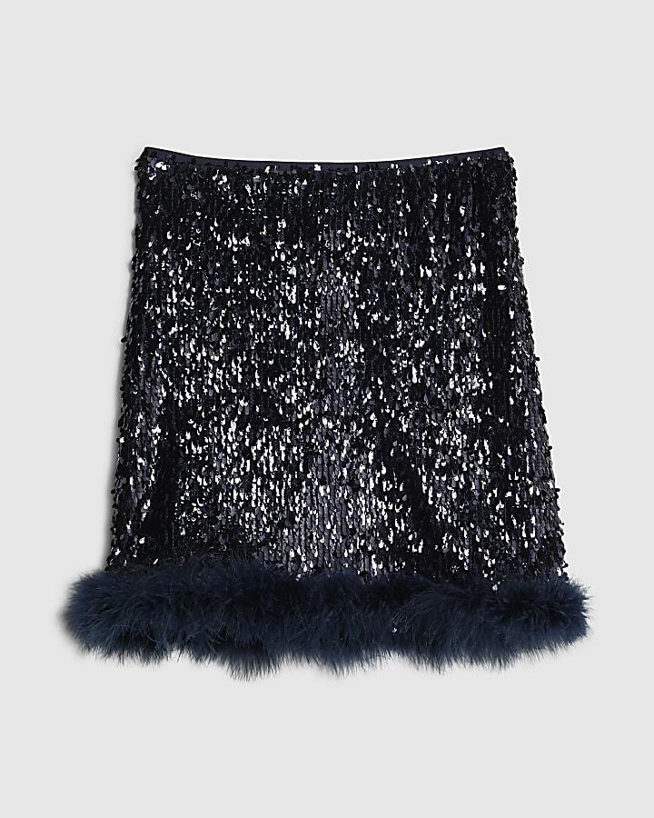 river island Navy Feather Hem Sequin Mini Skirt