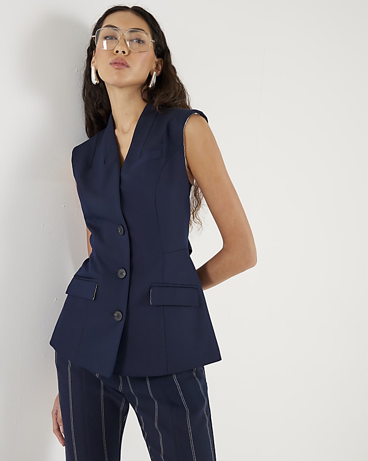 River Island Navy Fitted Longline Waistcoat