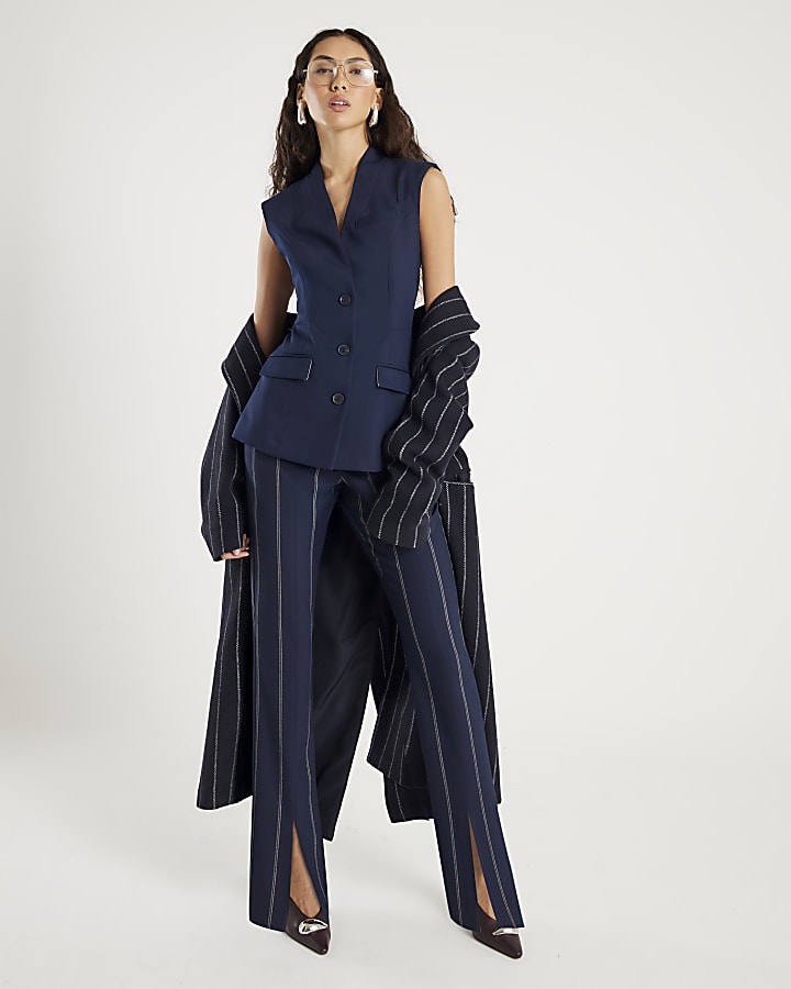 River Island Navy Fitted Longline Waistcoat