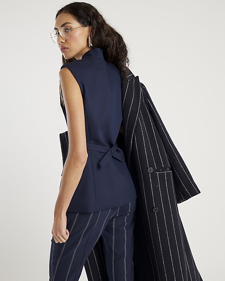 River Island Navy Fitted Longline Waistcoat