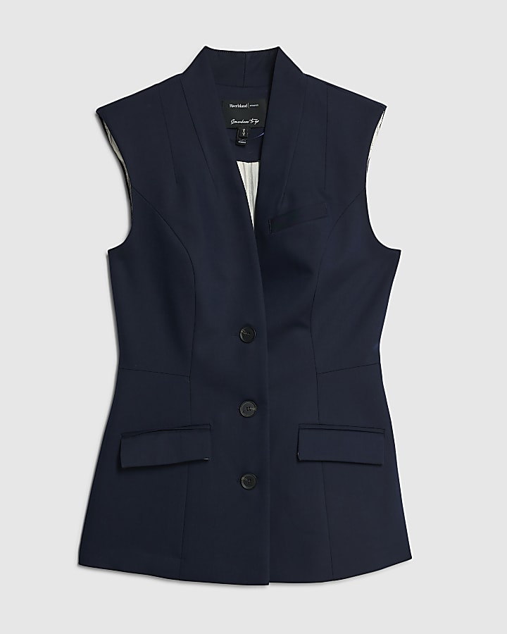 river island Navy Fitted Longline Waistcoat