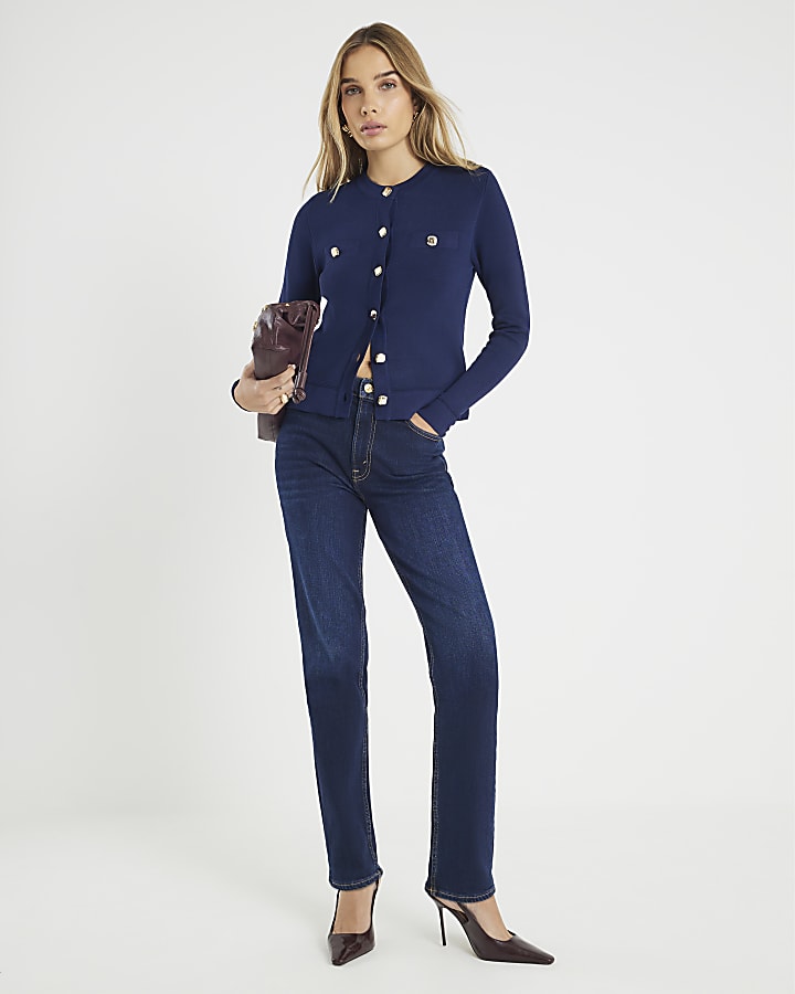 River Island Navy Fitted Pocket Detail Cardigan