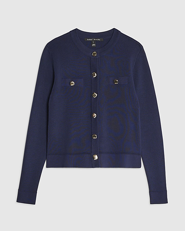 river island Navy Fitted Pocket Detail Cardigan