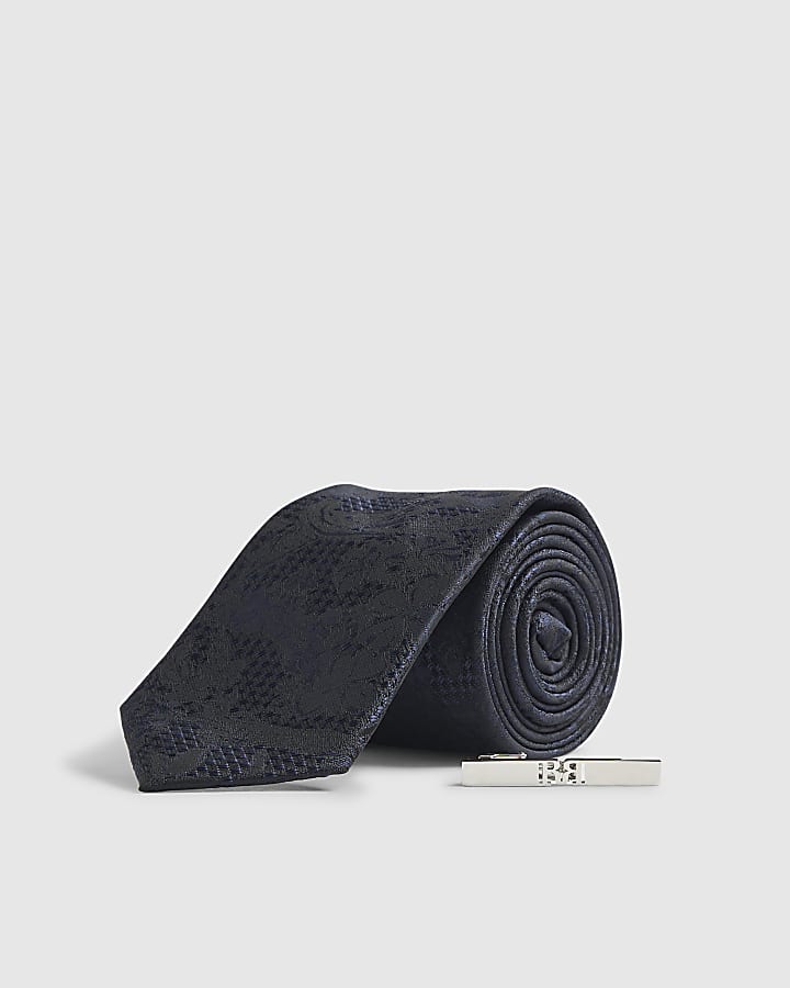 River Island Navy Floral Tie And Bar