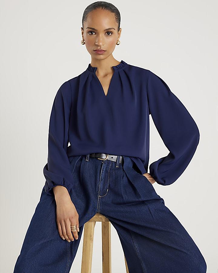 River Island Navy Frill Trim Long Sleeve Top