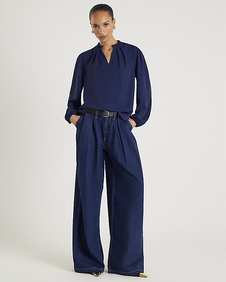 River Island Navy Frill Trim Long Sleeve Top