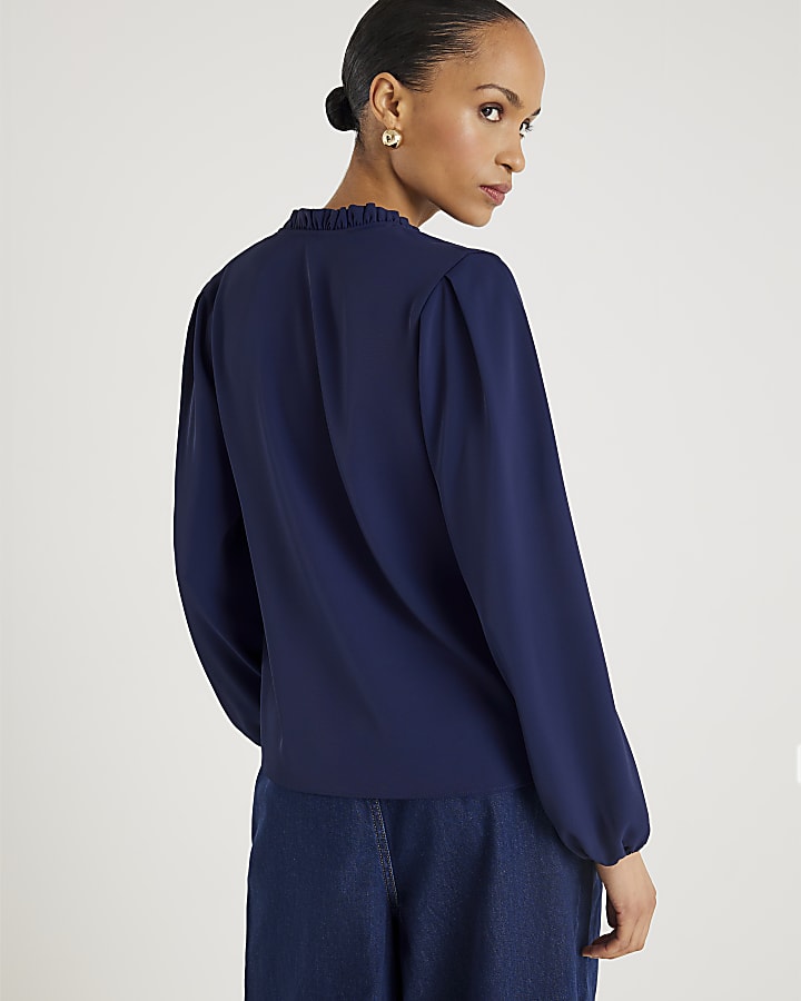 River Island Navy Frill Trim Long Sleeve Top
