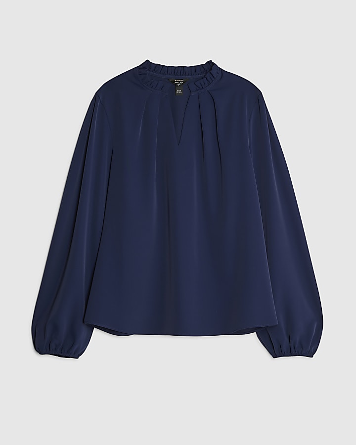 river island Navy Frill Trim Long Sleeve Top