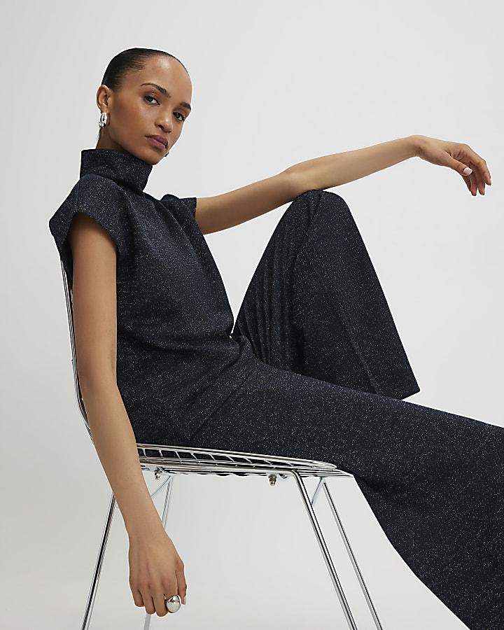 River Island Navy Glitter Wide Leg Trousers