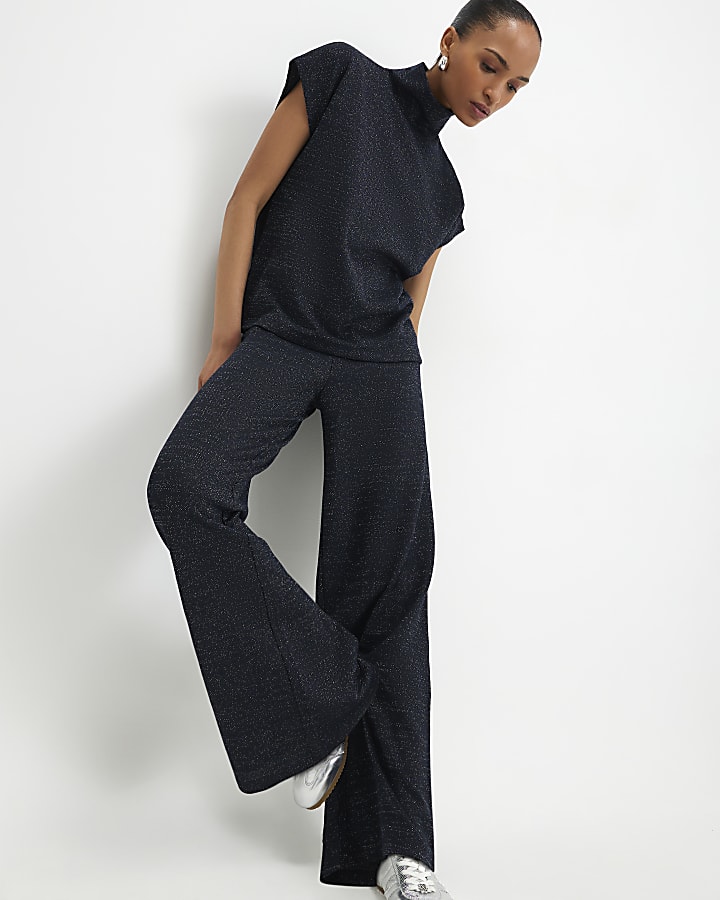 River Island Navy Glitter Wide Leg Trousers