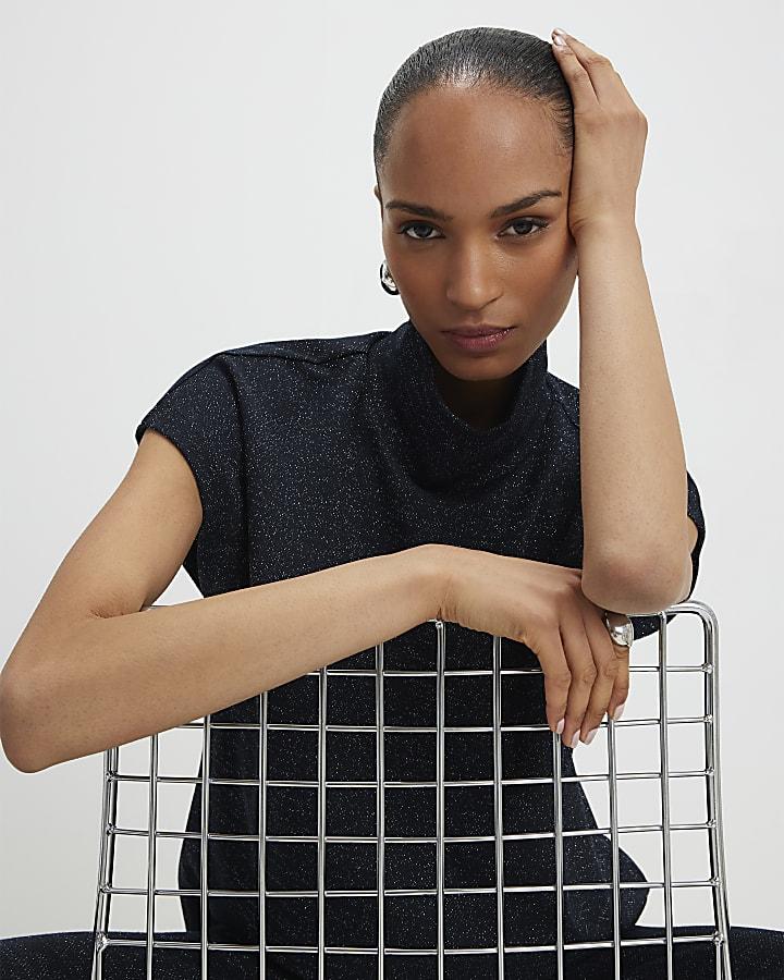 River Island Navy High Neck Glitter Top