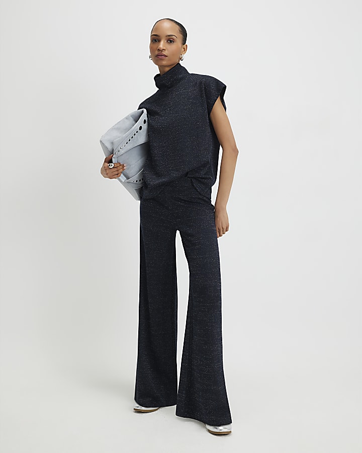 River Island Navy High Neck Glitter Top