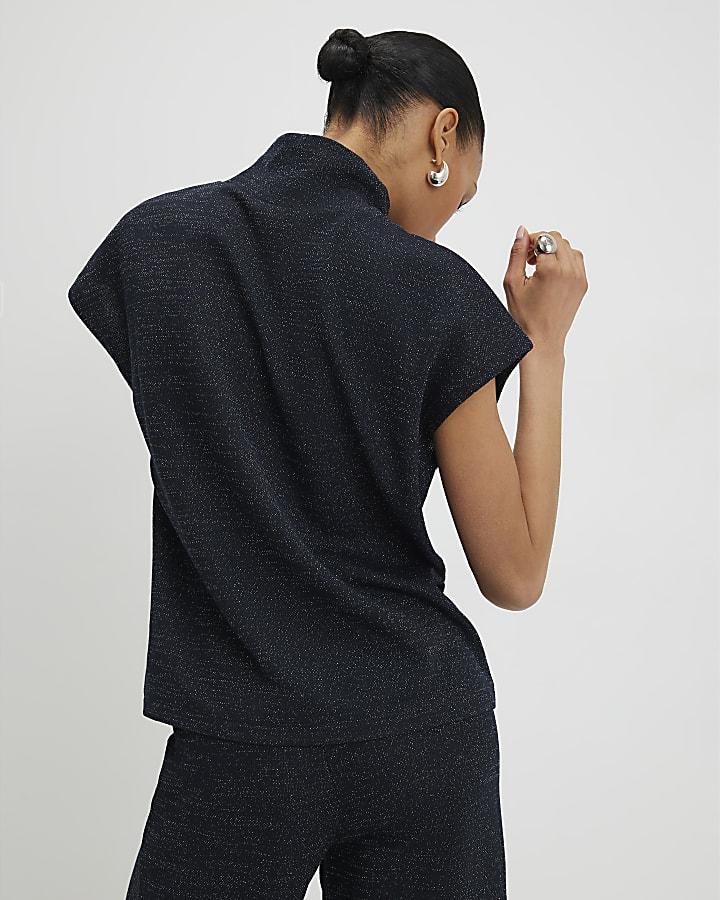 River Island Navy High Neck Glitter Top