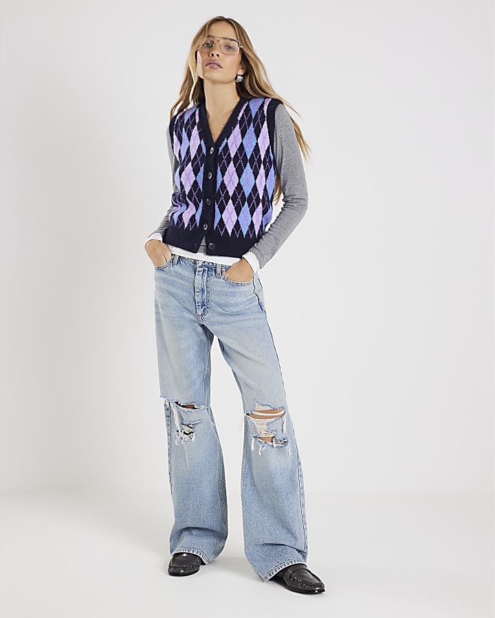 River Island Navy Knitted Argyle Print Waistcoat