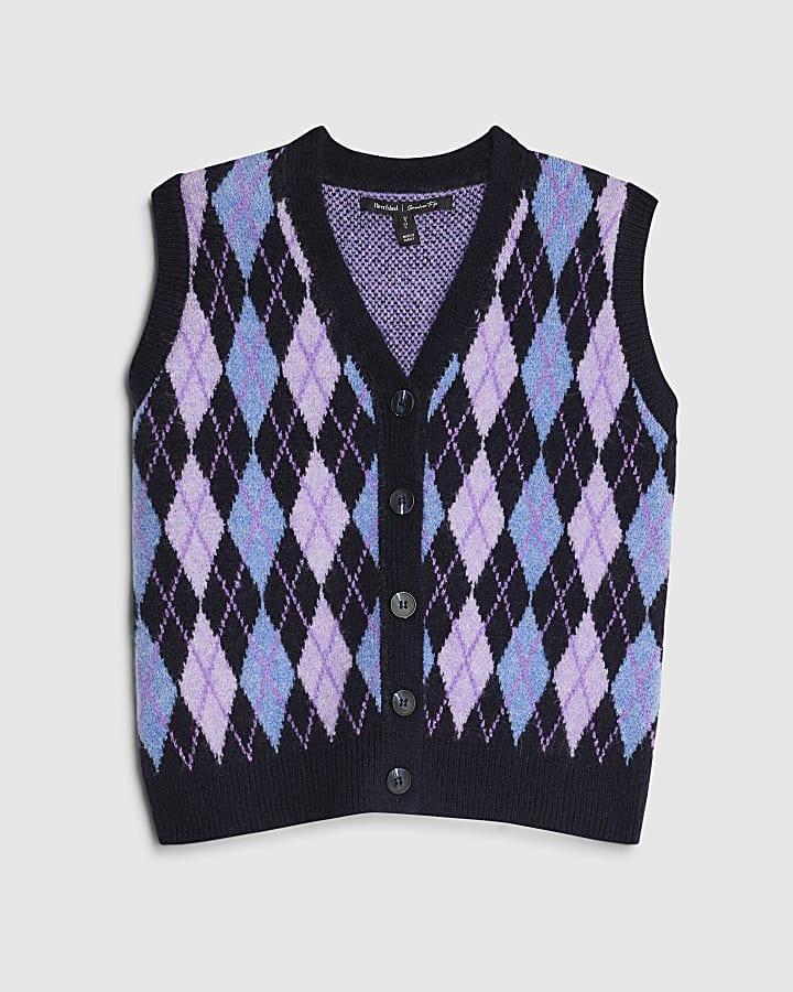 river island Navy Knitted Argyle Print Waistcoat