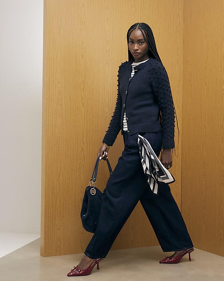 River Island Navy Knitted Bobble Sleeve Cardigan