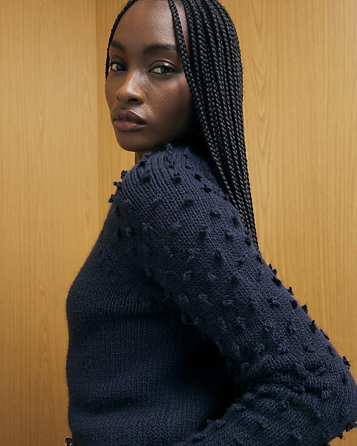 River Island Navy Knitted Bobble Sleeve Cardigan