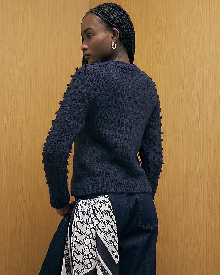 River Island Navy Knitted Bobble Sleeve Cardigan