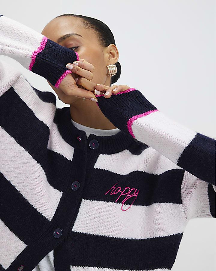 River Island Navy Knitted Striped Happy Cardigan