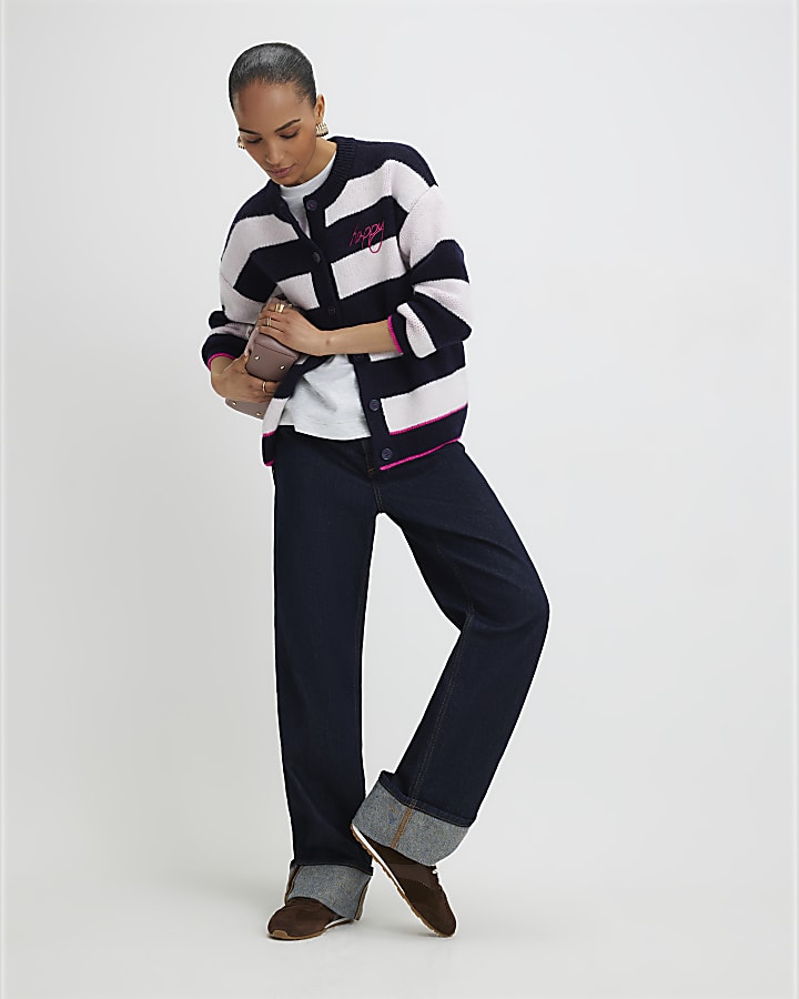River Island Navy Knitted Striped Happy Cardigan