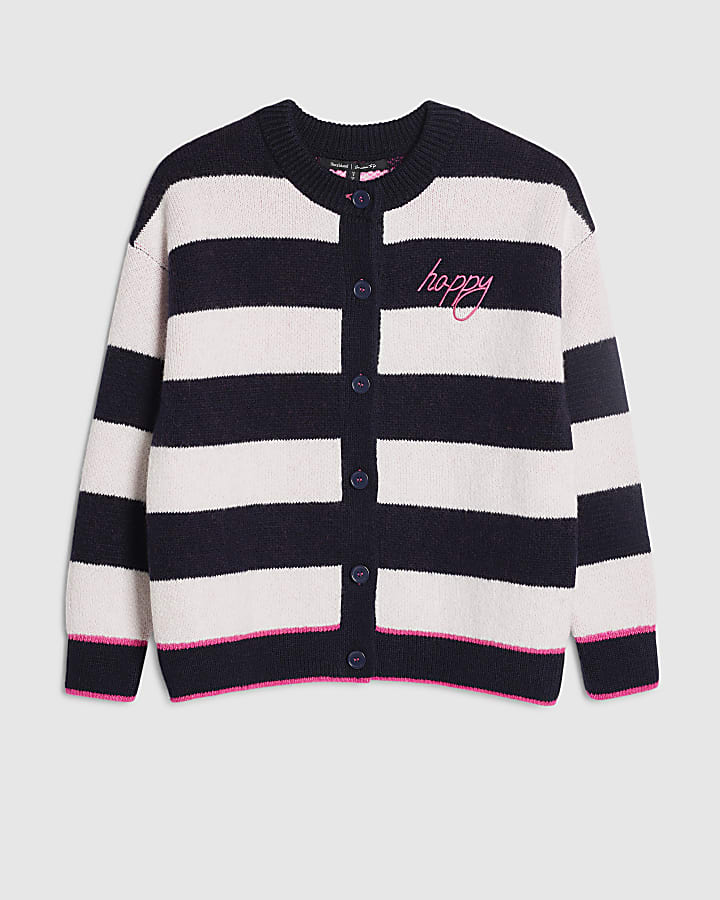 river island Navy Knitted Striped Happy Cardigan