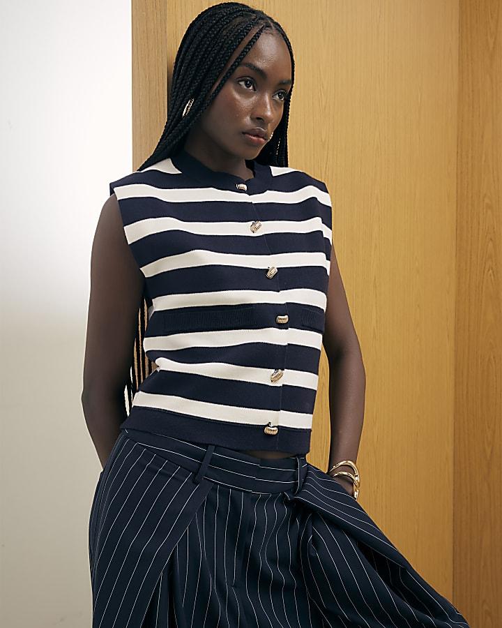 River Island Navy Knitted Striped Waistcoat