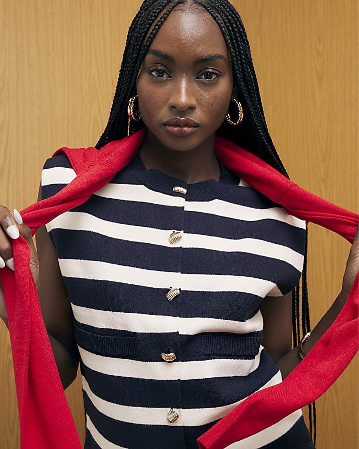 River Island Navy Knitted Striped Waistcoat