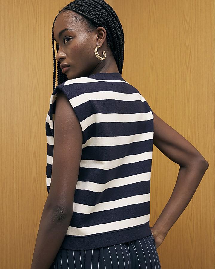 River Island Navy Knitted Striped Waistcoat