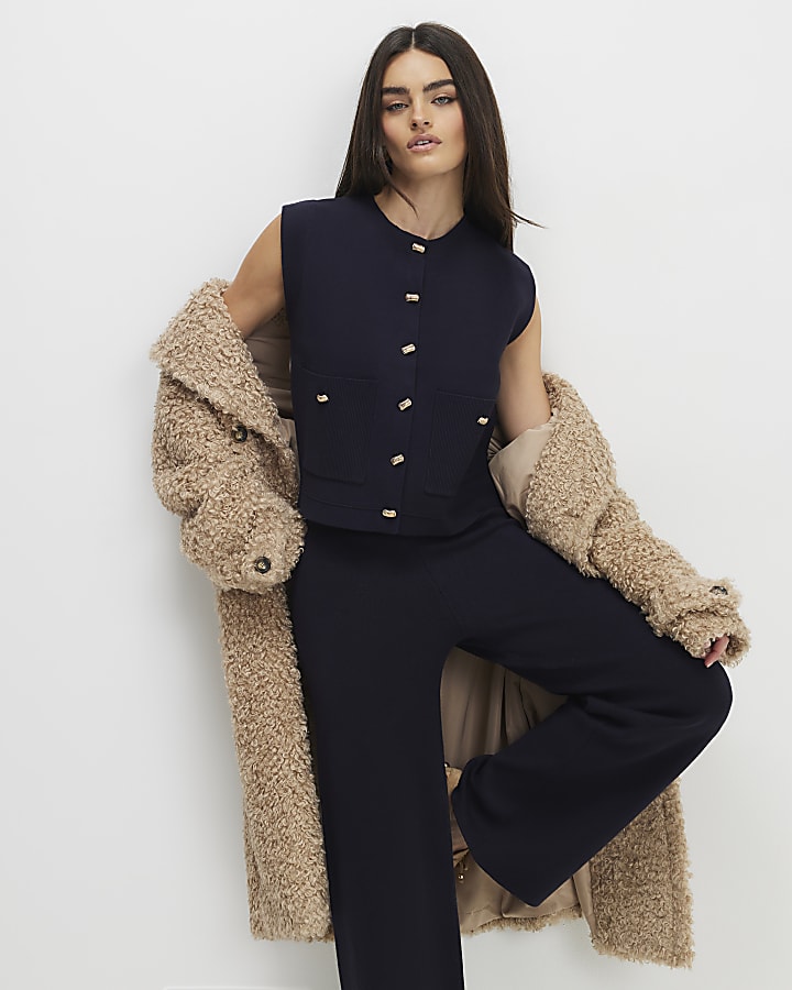 River Island Navy Knitted Wide Leg Trousers