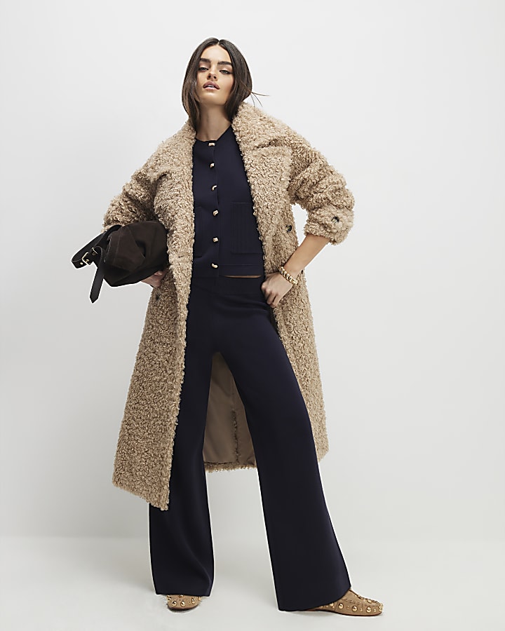 River Island Navy Knitted Wide Leg Trousers