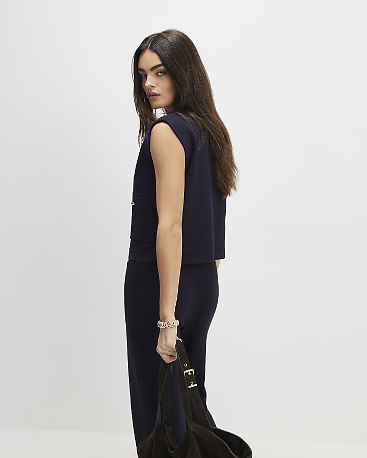 River Island Navy Knitted Wide Leg Trousers