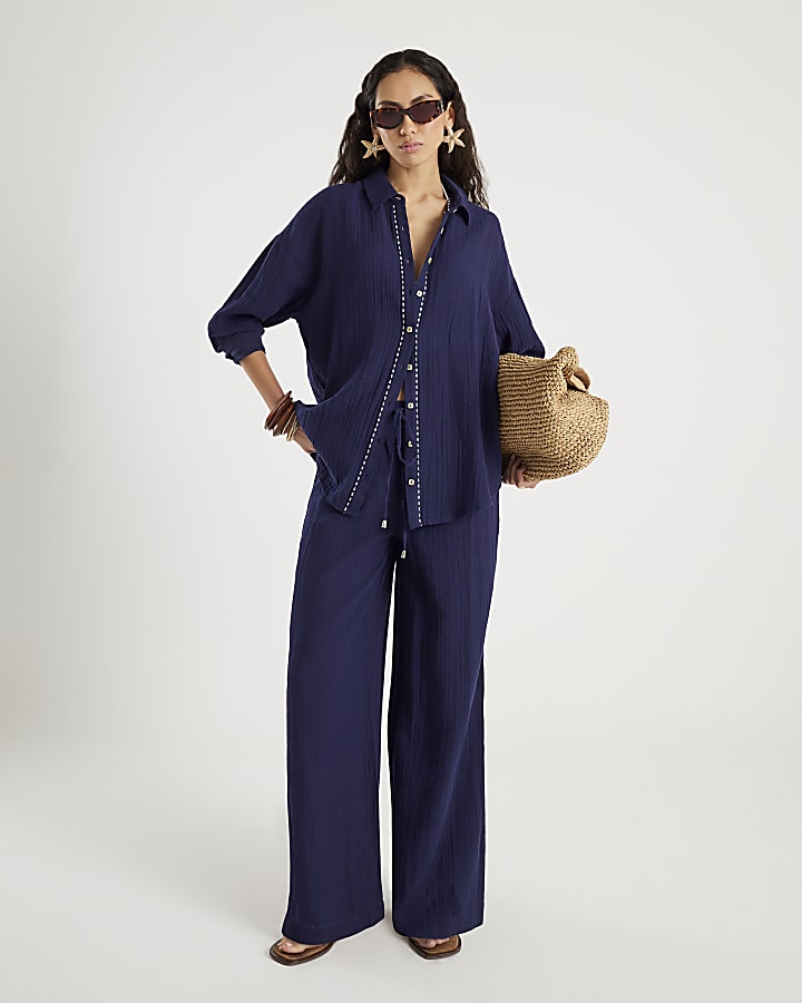River Island Navy Long Sleeve Beach Shirt