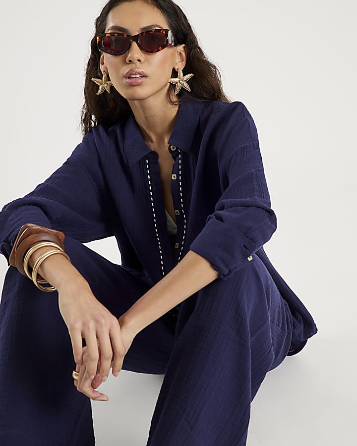River Island Navy Long Sleeve Beach Shirt