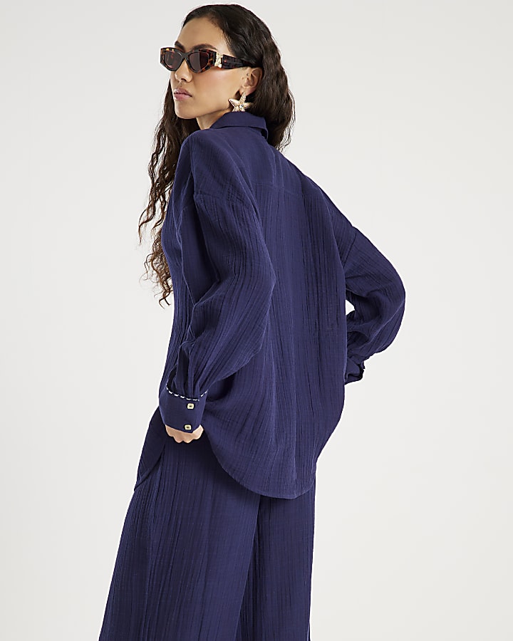 River Island Navy Long Sleeve Beach Shirt