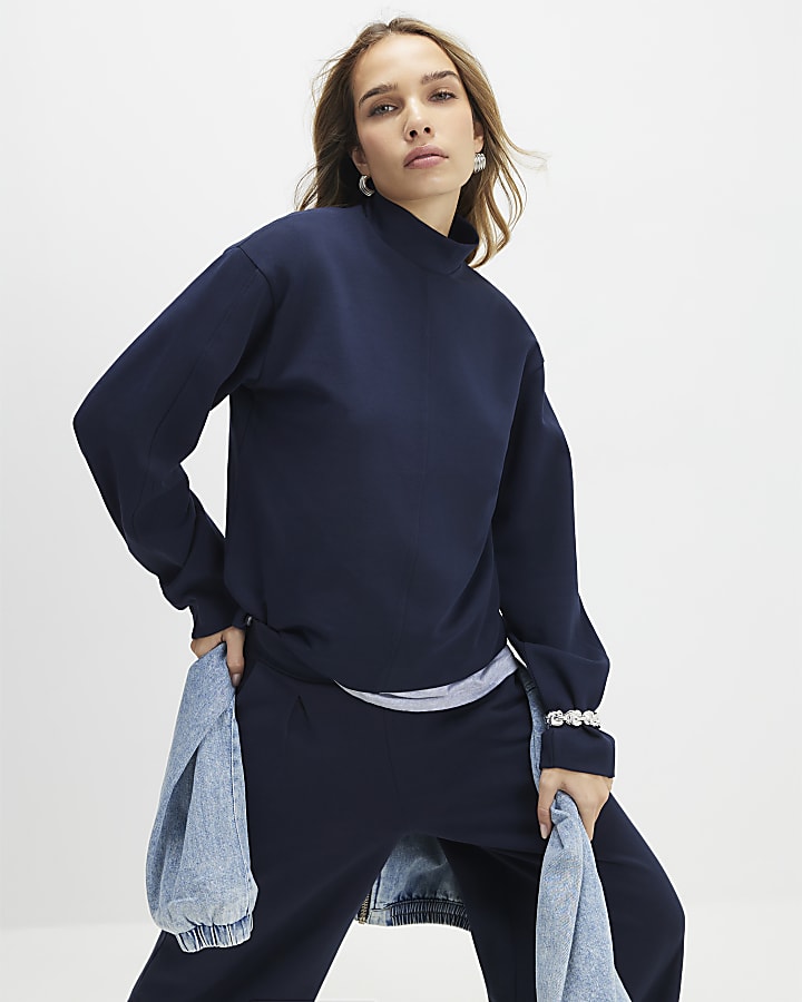 River Island Navy Long Sleeve Funnel Neck Top