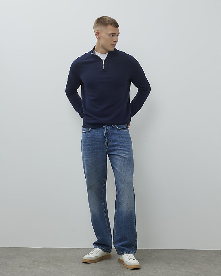 River Island Navy Long Sleeve Half Zip Jumper