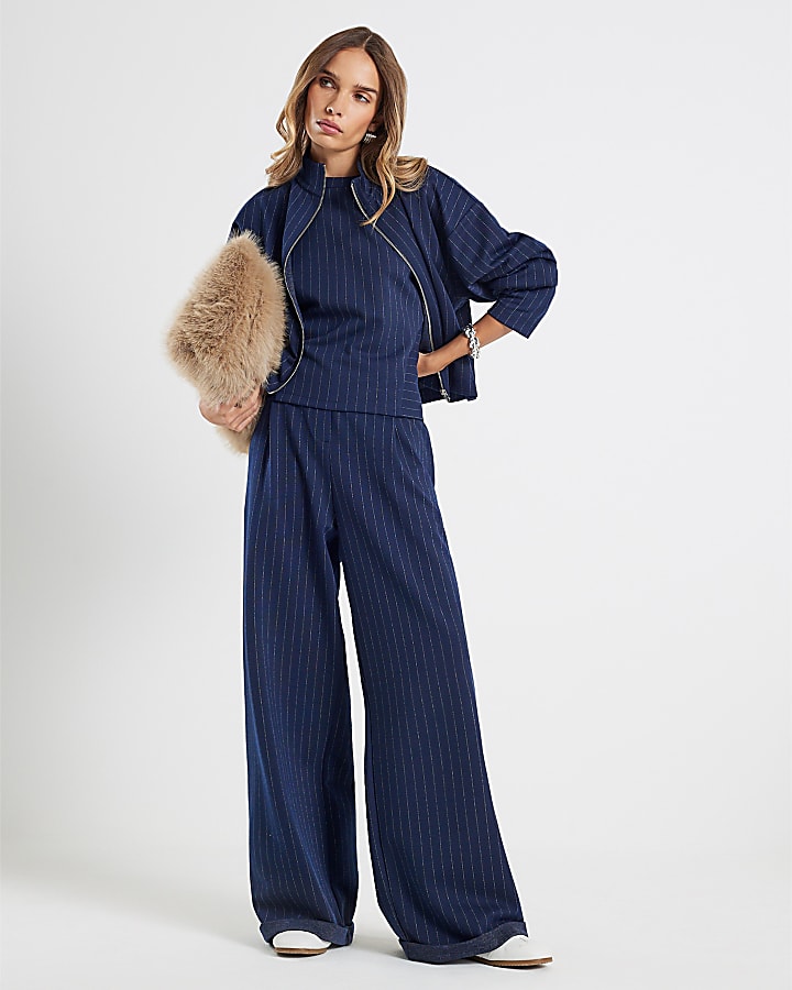 River Island Navy Long Sleeve Pinstripe Top