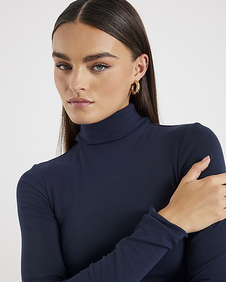 River Island Navy Long Sleeve Roll Neck Top