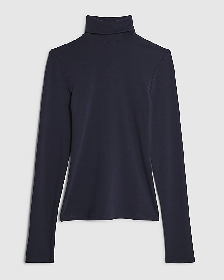 river island Navy Long Sleeve Roll Neck Top