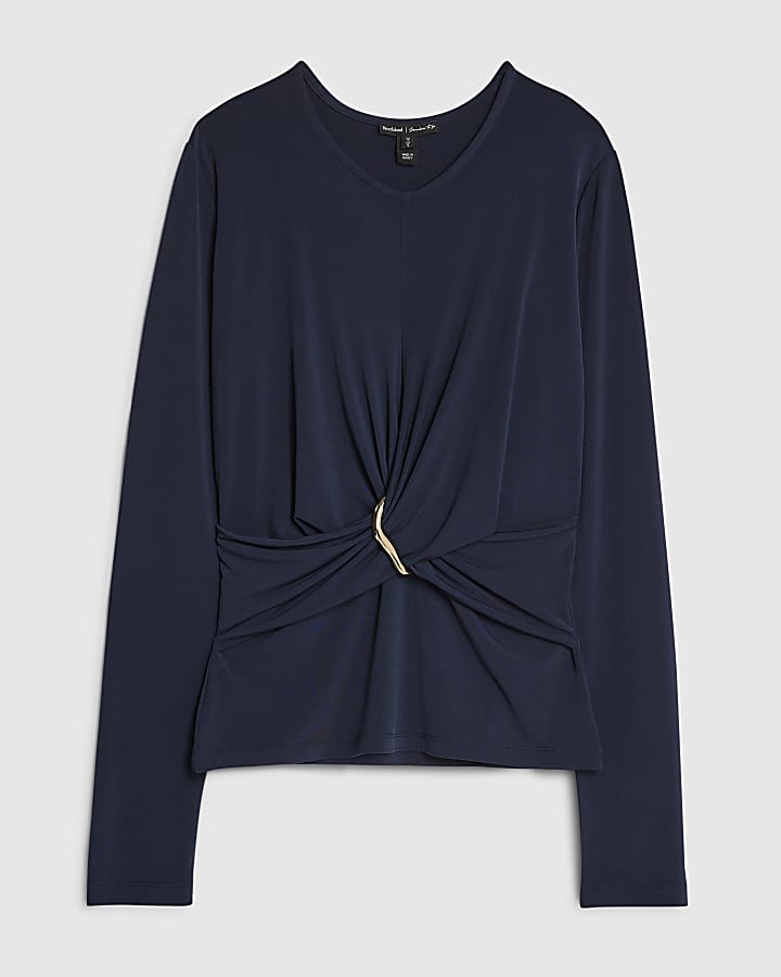 river island Navy Long Sleeve Wrap Detail Top