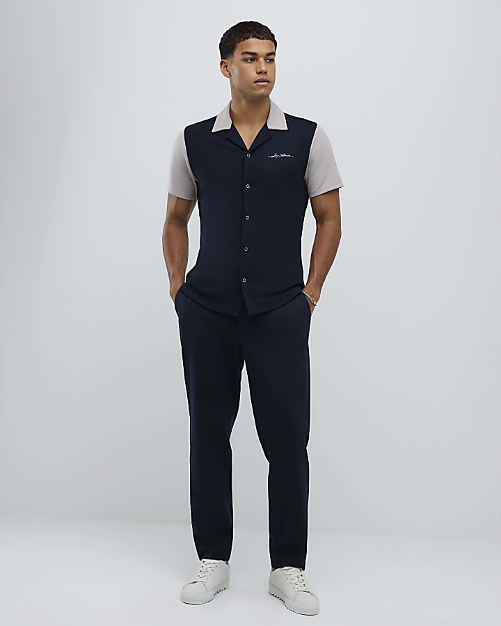River Island Navy Muscle Fit Colour Block Shirt