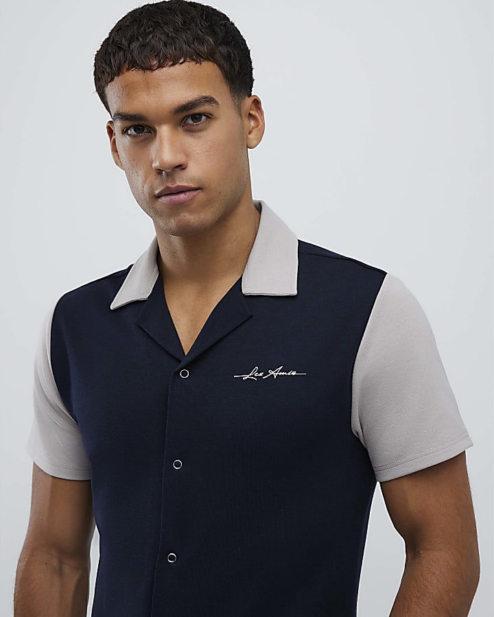 River Island Navy Muscle Fit Colour Block Shirt