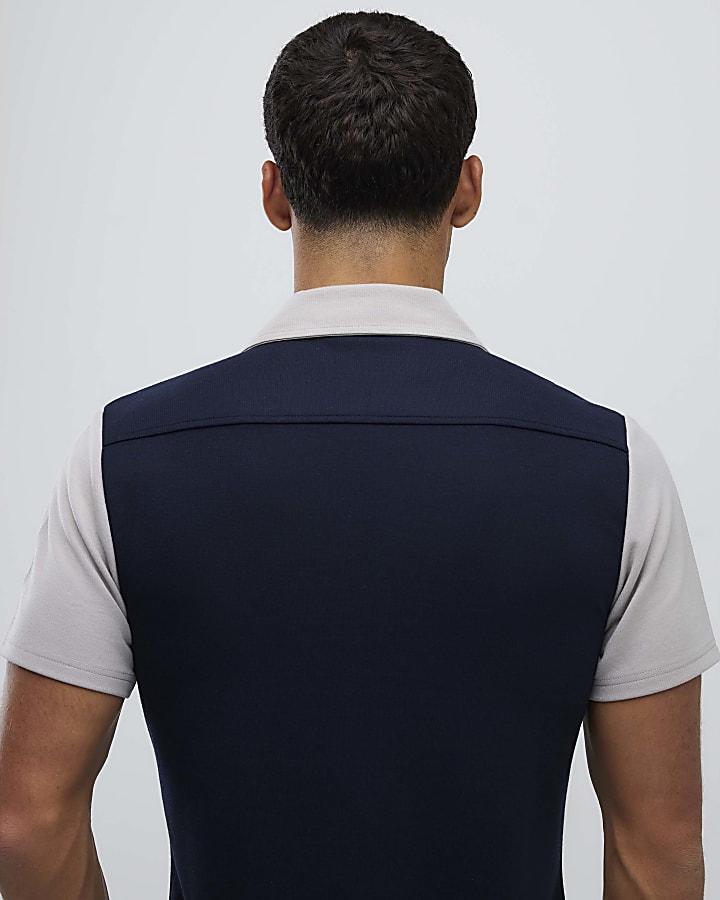 River Island Navy Muscle Fit Colour Block Shirt
